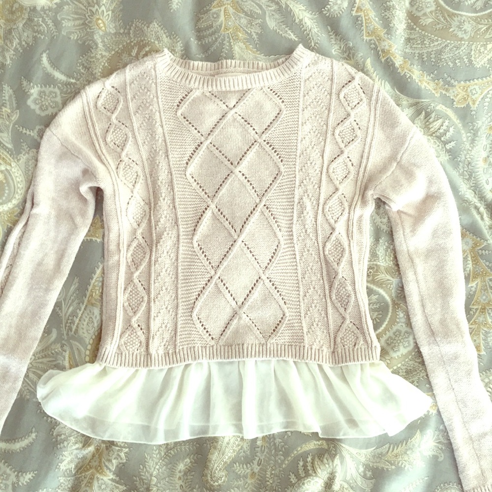 Cream cable knit sweater with lace hem